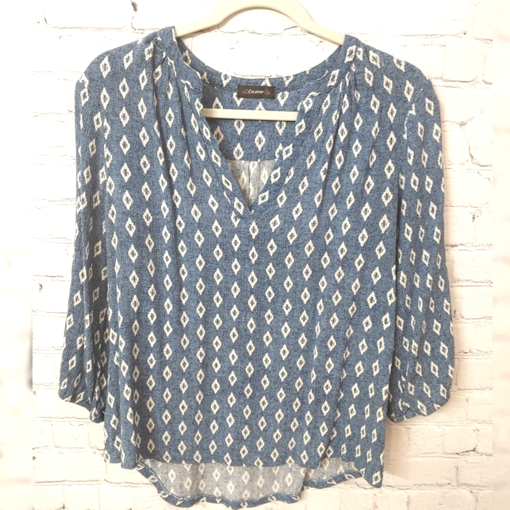Blue Boho 3/4 Sleeve Blue Patterned Blouse/Tunic